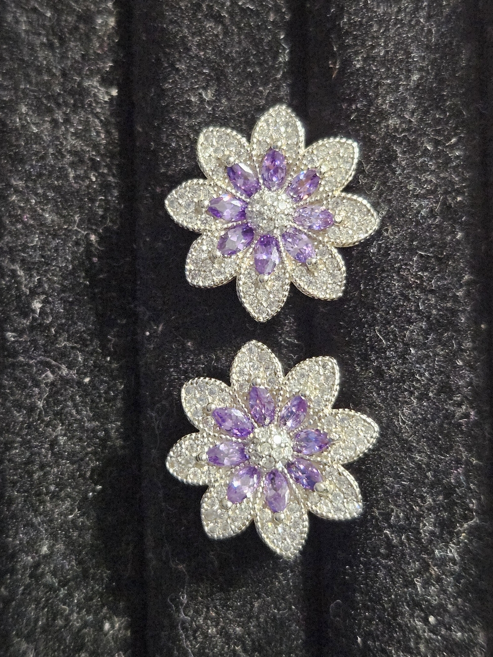 925S Flower Stud Earrings with Clear Quartz And Amethyst Accents